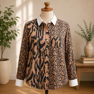NWT by Stacy London Button Down Shirt Womens XL Brown Animal Print Mixed Pattern
